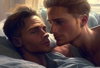 close-up Gay Couple in bedroom, Beautiful morning light. Generative AI.