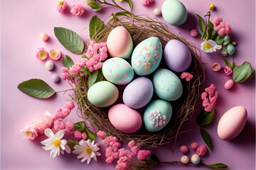 Fototapeta na wymiar Beautiful easter eggs in spring pastel colors - generative ai
