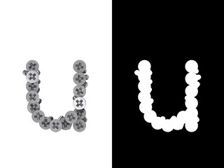 Small letter u made of screws screwed into a white surface with clipping mask, 3d rendering