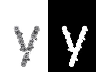 Small letter y made of screws screwed into a white surface with clipping mask, 3d rendering