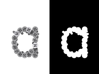 Small letter a made of screws screwed into a white surface with clipping mask, 3d rendering