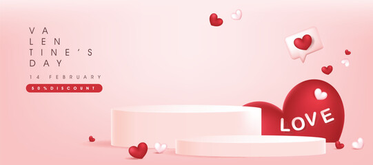 Valentine's day sale banner background with product display cylindrical shape and heart shape balloon