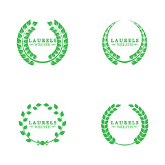 Set of green silhouette laurel foliate wreaths depicting an award, achievement, heraldry, nobility. Vector illustration.