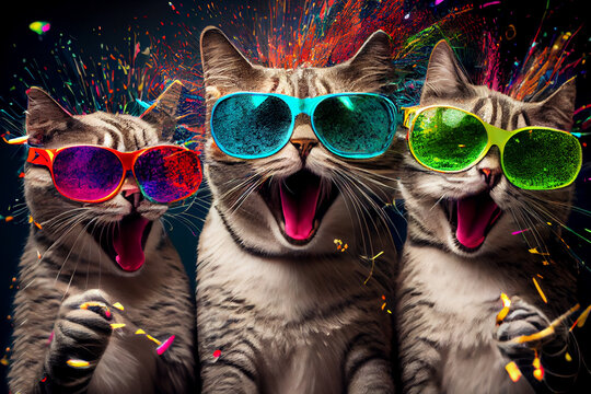 3 fr&ouml;hliche Katzen mit bunten funky Brillen in Partystimmung. Generative Ai.