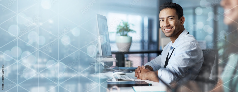 Poster portrait, overlay or businessman typing on computer or networking online in a office building for go