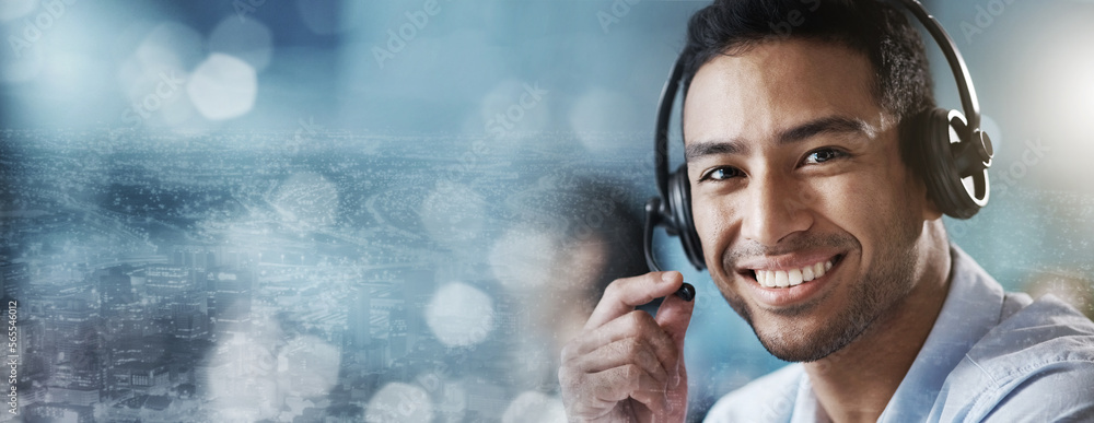 Poster portrait, mockup or happy consultant in call center helping, talking on microphone or networking onl
