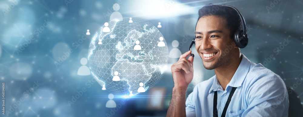 Poster contact us, overlay or happy agent in a call center helping, talking or networking online via microp