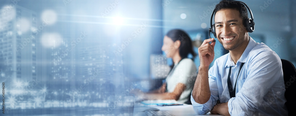 Aufkleber Crm, overlay or portrait of man in call center smiles with pride helping, talking or networking online. Mockup, hologram or happy insurance agent in communication at customer services or sales job