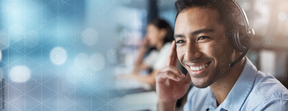 Poster Contact us, mockup or man in a call center with a happy smile helping, talking or networking online. Face, crm or insurance agent in communication or conversation at customer services or sales office