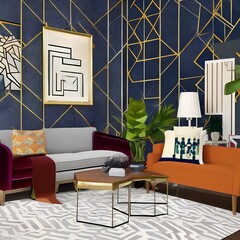 Art deco-inspired living room with bold geometric patterns3_SwinIR