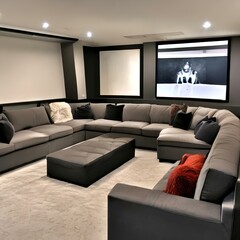 Sleek and modern media room with large sectional sofa1_SwinIR