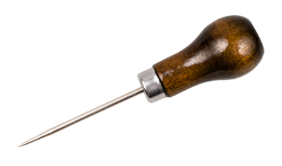 sharp steel sewing awl with polished wood handle cutout on white background