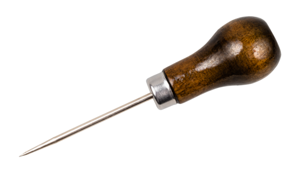 sharp steel sewing awl with polished wood handle cutout on white background