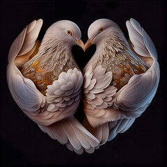 Couple, 2, Dove, Doves, forming, Heart, Shape, Love, Valentine, Celebration, Wedding, Anniversary, symbol, bird, white, pigeon, feather, wing, photo, realistic, rendering, illustration, generative, AI