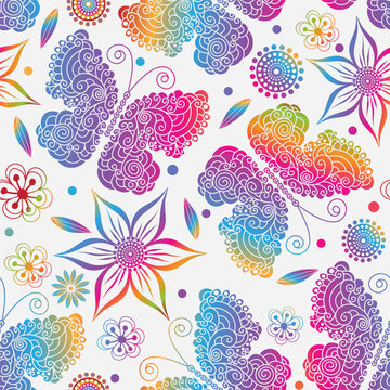 Vector seamless spring pattern with lace colorful  gradient butterflies on a white background.