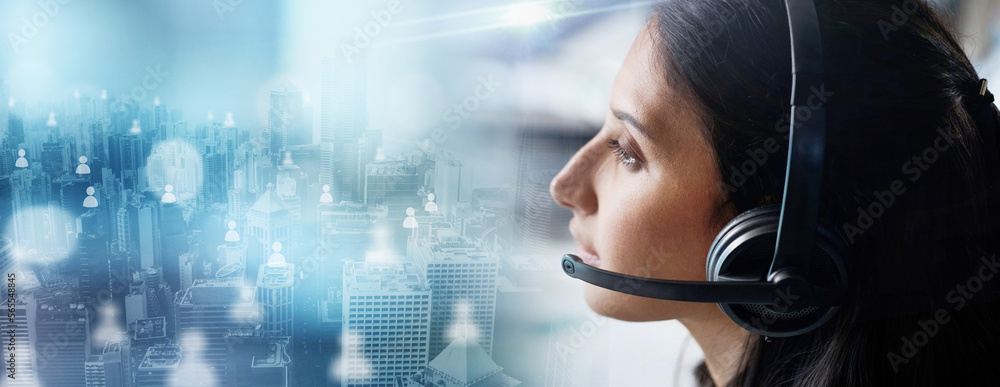 Poster crm, overlay or telemarketing consultant in a call center helping, talking or networking online. dig
