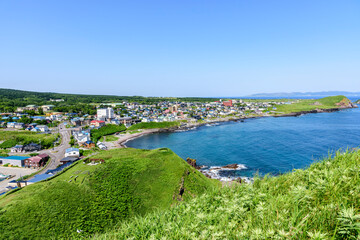 Fototapeta na wymiar 利尻島、鴛泊(おしどまり)の山と町と港 