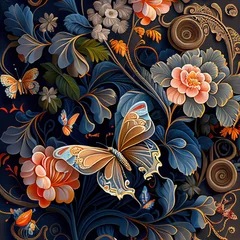 Badezimmer Foto Rückwand fantastic pattern of flowers and butterflies Generative AI © Whitefeather