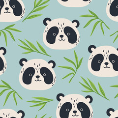 Сute panda funny animal face, head vector seamless pattern. Сartoon  muzzle texture. Illustration for children's clothing, cards, nursery, stationery, room decor