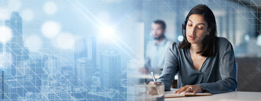 Poster crm, overlay or consultant writing in a call center helping, talking or networking with clients onli