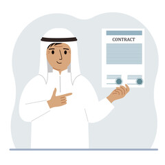 A man holds in his hands a finished sample of a contract with seals.