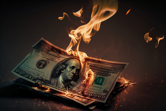 Inflation or burning money concept with pile of dollar. Generative AI