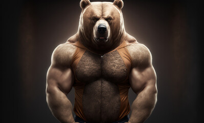 Fototapeta na wymiar Portrait of a strong male bear in a gym. Bodybuilding concept, generative ai