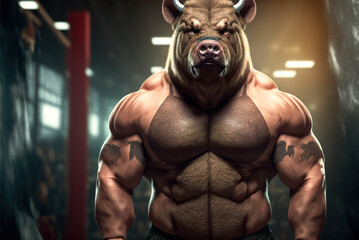 Fototapeta na wymiar Portrait of a strong male boar in a gym. Bodybuilding concept, generative ai