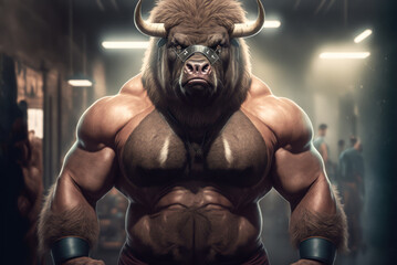 Fototapeta na wymiar Portrait of a strong male bull in a gym. Bodybuilding concept, generative ai