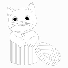 Vector contour illustration of a cute cat sitting in a gift box illustration for coloring page.