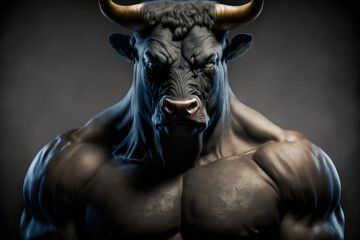Fototapeta na wymiar Portrait of a strong male bull in a gym. Bodybuilding concept, generative ai