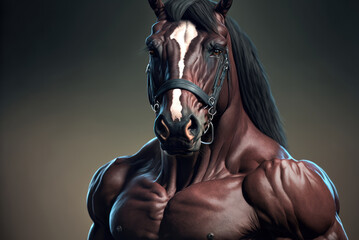 Fototapeta na wymiar Portrait of a strong male horse in a gym. Bodybuilding concept, generative ai