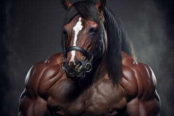 Portrait of a strong male horse in a gym. Bodybuilding concept, generative ai