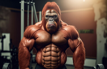 Fototapeta na wymiar Portrait of a strong male Orangutan in a gym. Bodybuilding concept, generative ai