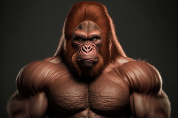 Fototapeta na wymiar Portrait of a strong male Orangutan in a gym. Bodybuilding concept, generative ai