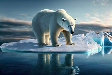 Global warming: polar bear on a melting shrinking iceberg