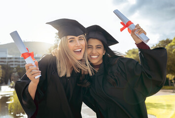 Certificate, friends and graduation portrait of women hug together at college celebration. Diploma...