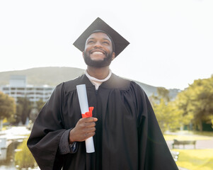 Graduation, black man and thinking of success, achievement and goals at outdoor college event....