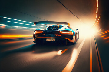 Naklejka na ściany i meble Sport racing car at high speed riding in illuminated tunnel.. Generative AI