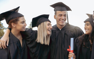 Graduation, friends and diversity of students hug to celebrate success, college event and smile....