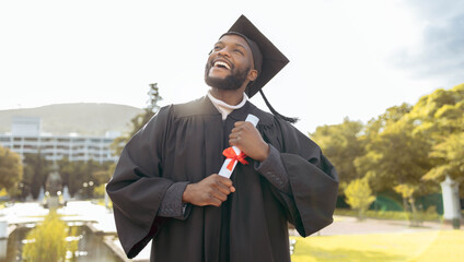 Student graduation, black man and thinking of success, achievement or goals at outdoor college...