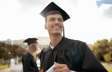 Graduation, happy man and thinking of success, achievement and study goals at outdoor college...