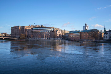 The Swedish Parliament house and the churches and castle in the old town Gamla Stan a winter day in Stockholm