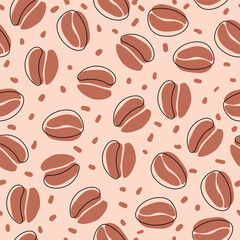 Brown seamless pattern with coffee beans. Coffee beans hand drawn with spot and line on a beige background. Vector illustration.