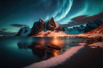 Landscape  with aurora borealis made with generative ai