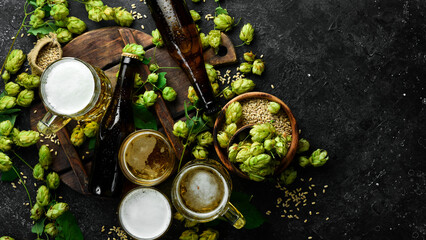 Fresh hop, glasses and beer. Dark beer in glass bottles on a black stone background. Beer banner.