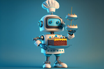 Robot cook holds the cake he cooked, android chef, technological progress, cartoon style, art created by ai
