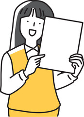 笑顔でボードを指さす女性