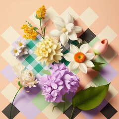 Spring flower flat lay/ background. Generative AI.