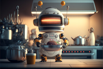 Robot cook holds the dish he has prepared, android chef, technological progress, cartoon style, art created by ai